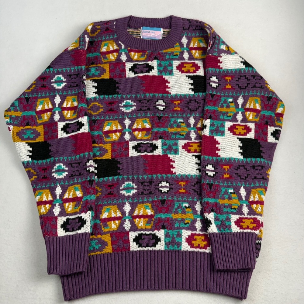 Santa Cruz Vintage Geometric Abstract‎ Knit Sweater Purple Multi Crewneck Mens L
